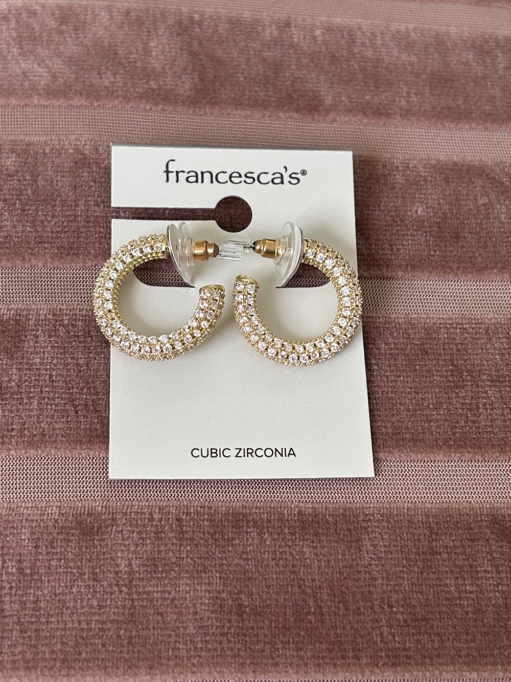 New Francesca’s Samantha Pave Thick Hoop Gold Tone Elegant Earrings - Picture 5 of 6